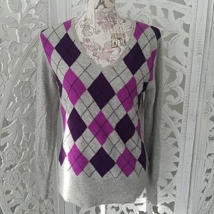 100% pure cashmere argyle v-neck sweater L